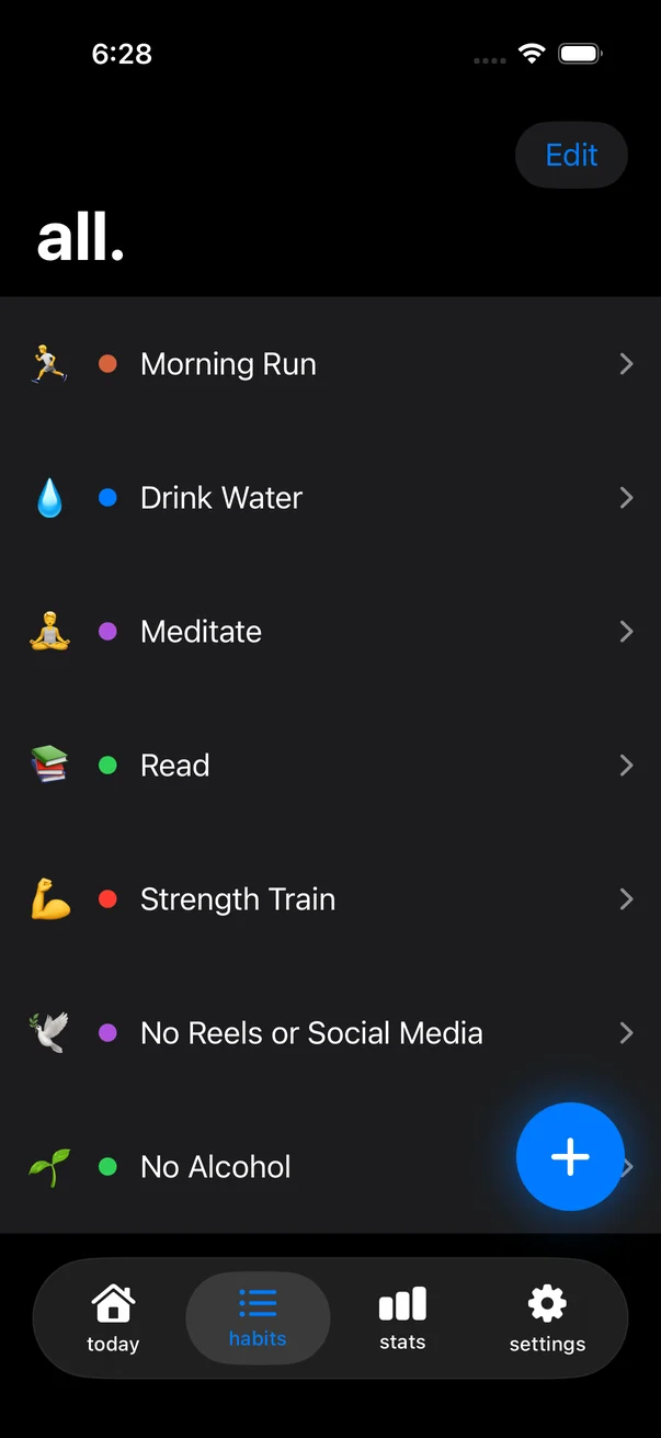 all habits list including no reels or social media and no alcohol