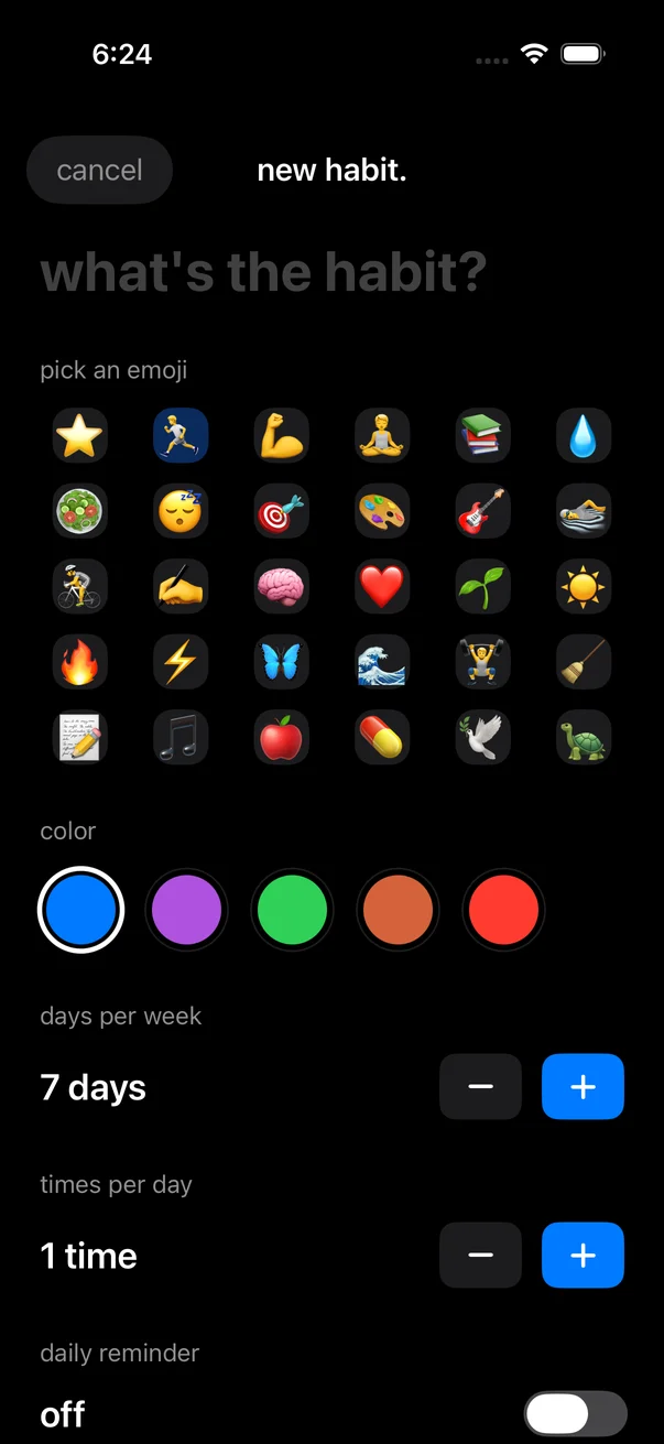 new habit sheet: emoji grid, five colors, days per week and times per day steppers