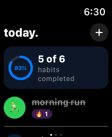 cosas on apple watch: today, 5 of 6 habits completed, morning run done